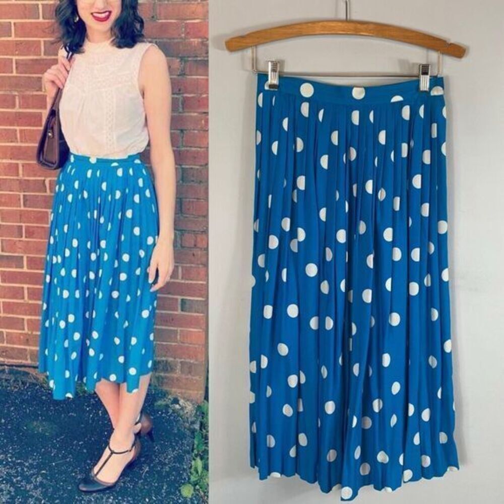 Vintage Chaus Teal and White Polka Dot Pleated Midi Skirt Fits like Small